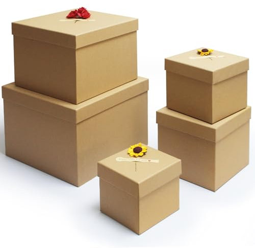Giftilious Square Kraft Gift Boxes with Lids - Set of 5 Assorted Sizes Occasions
