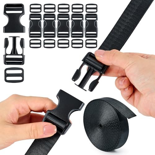 Schnallen Gurtband Set 25mm, 6 Yards Schwarz Nylon Gurtband, 6 Stück Schnellverschluss-Schnallen, 12 Stück Tri-Glide Slides, Robuste Zweifach Verstellbare Rucksackschnalle für Rucksack DIY (25 mm)
