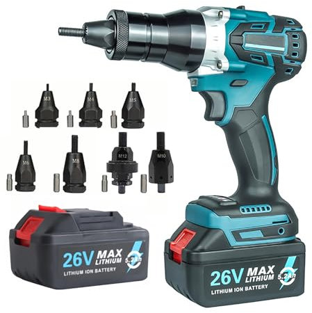 Bleockth Cordless Electric Rivet Nut Gun Set, Automatic Riveter Portable Pulling Blind Riveting Nut Gun Rivet Tools, Equipped with two 26V batteries, Ideal for M3 M4 M5 M6 M8 M10 M12 Nuts-5200mah