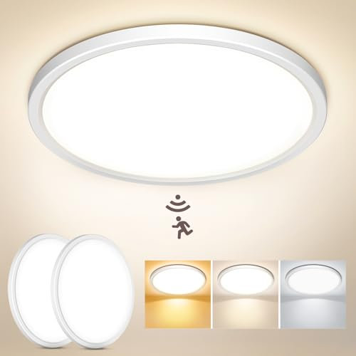 NIBSHOOM LED Deckenlampe mit Bewegungsmelder 2 PCS, 3000K/4000K/6500K 18W IP44 Wasserfest Deckenleuchte Innen für Flur Bad Treppe Balkon Garage