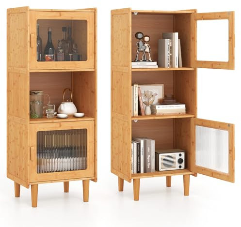 COSTWAY Küchenschrank aus Bambus, 3-stöckiger Buffetschrank mit 2 Acryltüren & offenem Fach, Vitrinenschrank freistehend, Vorratsschrank für Küche, Wohnzimmer, Natur, 49,5 x 40 x 130 cm