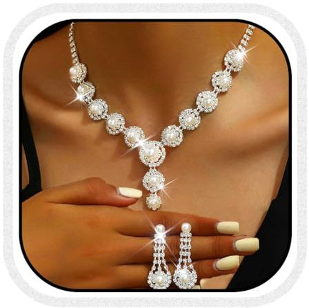 Unicra Pearl Bridal Jewelry Set Silver Rhinestone Wedding Necklaces and Earrings Set Formal Costume Prom Crystal Jewelry Sets for Women and Brides (Silver, One Size)