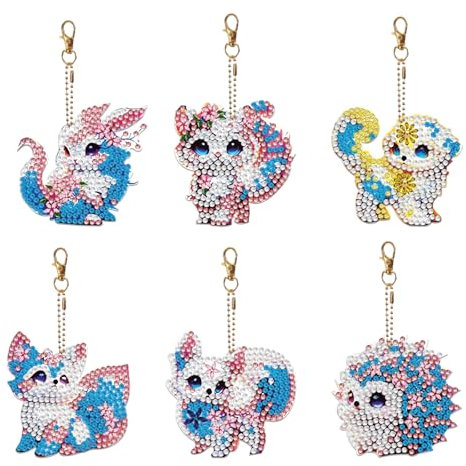 Zamety 6 Stück Diamond Painting Schlüsselanhänger 5D Diamond Painting Tiere Set Diamant Painting Anhänger Fuchs DIY Diamant Malerei Keychain Geschenke für Mädchen Erwachsene zum Tasche Rucksack Deko