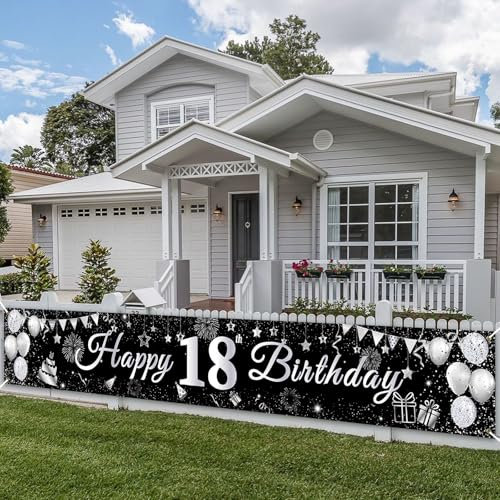 PartyYaa 18. Geburtstag Banner, 18. Geburtstagsbanner Deko, Extra Großes Happy Birthday Banner Party Fotoautomaten Hintergrund Deko Schild Poster für Mädchen und Jungen (Silber Schwarz)