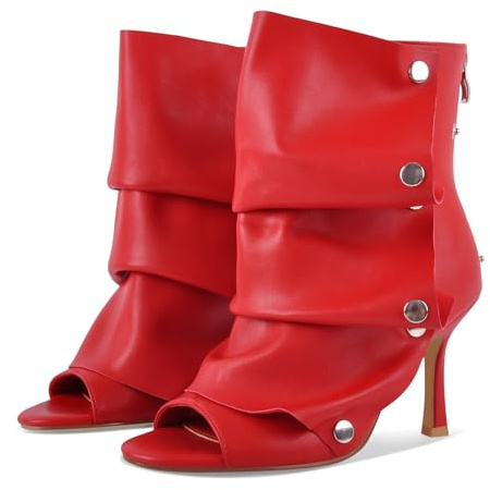 sexytag Women's Slouchy Peep Toe Booties Stiletto Kitten Heel Shark Boots Open Toe Back Zipper Ruched Detachable Snap Button Fashion Ankle Short Boot Red Size 9