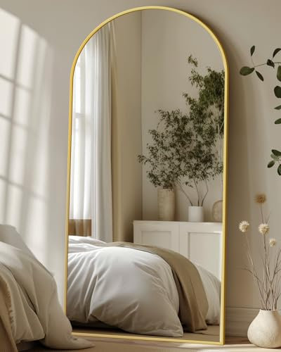 Antok Miroir Pleine Longueur, 180 x 66 cm Grand Miroir sur Pied Bombé, Miroir Mural avec Cadre en Alliage en Aluminium et Verre Incassable, Miroirs de Sol pour Salon, Dressing, Or