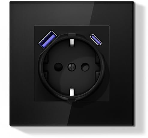 BSEEDLIFE Enchufe Pared,Enchufe Pared con USB/USB-C Normas Europeas Schuko,86 * 86mm 1 Gang 16A,Carga Rápida de 20 W,Marco de Cristal,Fácil Instalación,Negro