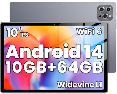 Android Tablet, 2025 Tablet 10.1 inch Android 14 Tablets, 10GB+64GB+1TB Expansion Octa-Core Processor, 6000mAh Battery, Widevine L1, 1280 * 800 IPS, 5G/2.4G WiFi 6, 2MP+8MP, Bluetooth 5.0 (Grey)