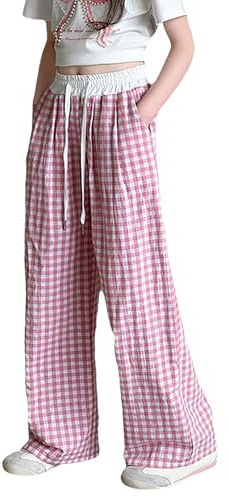amropi Ragazze Pantaloni a Quadri Gamba Larga Palazzo Elastico in Vita Larghi Coulisse Pantalone con Tasche per 3-12 Anni