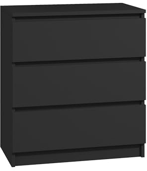 roe furniture Kommode mit 3 Schubladen, Komodenschrank 70 cm Breit, Schubladenschrank für Wohnzimmer, Schlafzimmer, Flur - Modern, Grifflose Front – 70x35x76 cm (Schwarz Matt)