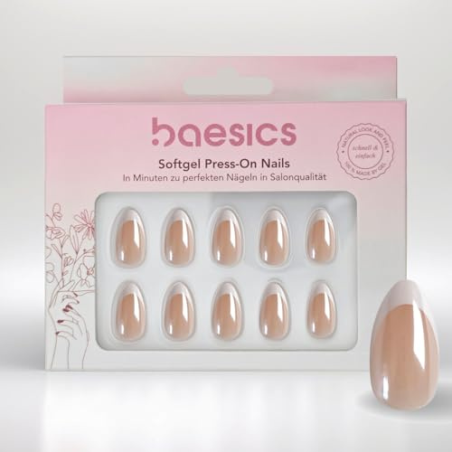 Baesics Softgel Press On Nails Perlmutt French Almond Flexibel Wiederverwendbar Natürliche Optik 30 Stück Klebepads Perfekte Nägel zum Aufkleben ohne UV-Licht Salonqualität Komfort Zuhause Unterwegs