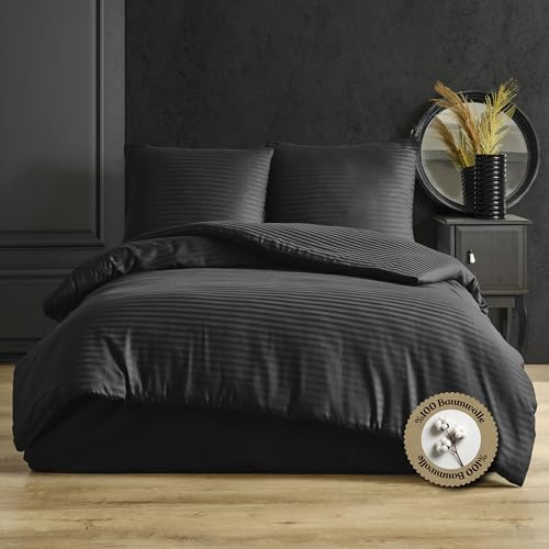 nordqueen Satin gestreift Bettwäsche,100% Baumwolle Bettbezug aus Atmungsaktive Winter Bettwäsche Set (Black, 135X200 cm)