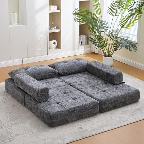 I0I&I0I Schlafsofa Klappbar mit Kissen, Faltbare Matratze mit Rückenlehne, Tragbares Bodensofa, Bequemes Klappsofa aus Chenille für Wohnzimmer und Schlafzimmer (Grau)
