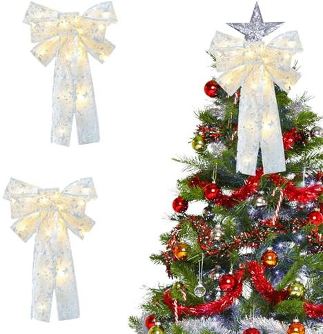 Schleifen Weihnachten mit LED Lichterketten, 2 Stück Glitzer Schleifen Weihnachtsbaum mit LED Licht Weihnachtsschleifen Groß Weihnachtskranz Glitzerschleifen Beleuchtete Weihnachtsbaumschmuck (A)