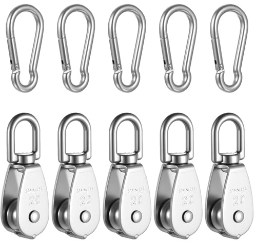 Zhujiehigh 5 Stück Umlenkrollen M20 Edelstahl 304, mit M6 Karabiner, 75 kg | Inklusive 5 M6 Karabiner, Seilrollen für Drahtseile und Seilwinde, auch für Fitness, 304 Edelstahl, 75 kg.