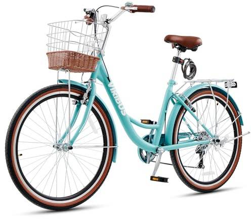VIRIBUS Beach Cruiser Bike for Women, 7 Speed Womens Bike, 26 inch Cruiser Bicycle with Rattan Basket, City Commuter Vintage Retro Step Through Bicycle for Female Ladies Seniors, 330 Lb. Turquoise