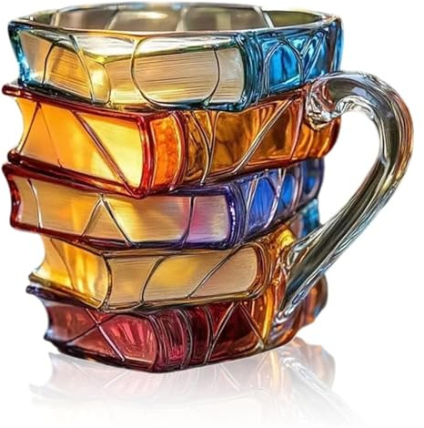 AngloCrate Painted Book Mug Novelty Coffee Mugs, 3D Handcrafted Painted Book Mug, 11 Oz Novelty Stained Glass Stacked Books Coffee Cup, for Readers Librarians Literature Lovers