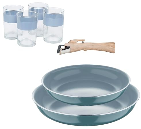 Bergner Click&Cook Juego de 2 Sartenes Ø22cm y Ø26cm con Mango extraíble en Aluminio prensado+Juego de 4 Vasos de 0,5L