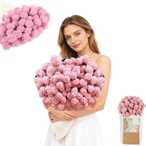 sykart 63 Inch Crochet Flower Bouquet Blanket, Handmade Knitted Blanket with 99 Rose Flowers, Ideal Valentines Day Mother's Day Wedding Anniversary Birthday Gift for Lover Mom Friends (Pink Rose)