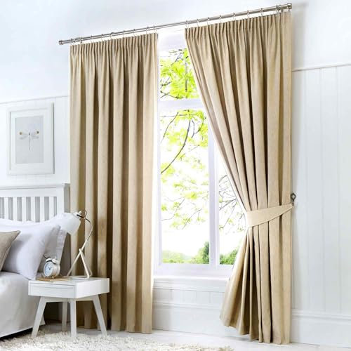 Fusion Dijon-Blackout/Thermal Insulated Pair of Pencil Pleat Curtains, Fabric, Natural Beige/Cream, 90 x 72(228 x 183cm)