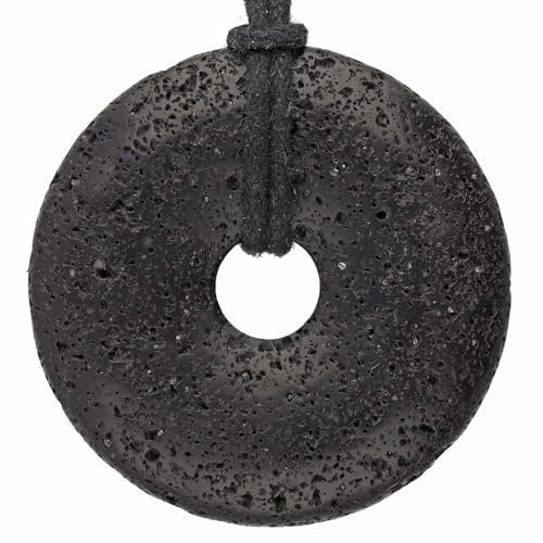 Lebensquelle Plus Edelstein Donut Ø 40 mm + Baumwollband + Edelsteinkarte | Naturstein Anhänger Halskette | Echte Heilsteinkette inkl. Band (Lava)