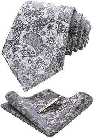 JEMYGINS Silber krawatte Paisley Herren Krawatten und Einstecktuch mit krawattenklammer Sets (3)
