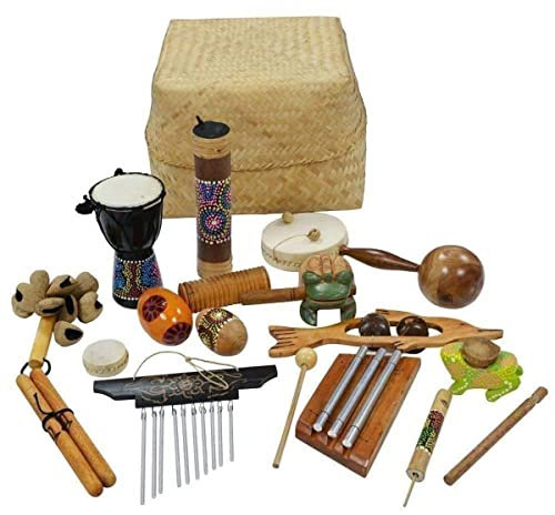 A-Star Set di percussioni multiculturali da 15 pezzi nel cestino, strumenti musicali realizzati a mano