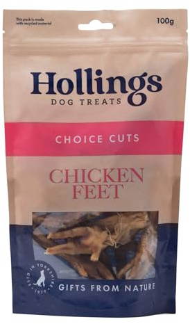 Hollings Chicken Feet Dog Treats, 100% Natural & Crunchy Treats for Adult Dogs, Grain Free & High in Protein 100g (Pack of 8)