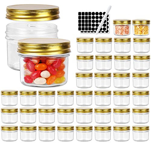 4 oz Clear Glass Jars with Golden Lids, 40 Pack Wide Mouth Manson Jars For Kitchen Storage, Small Canning Jars for Herbs,Honey,Homemade Jam,Jelly,Baby Food,Wedding Favor,Shower Favor and More