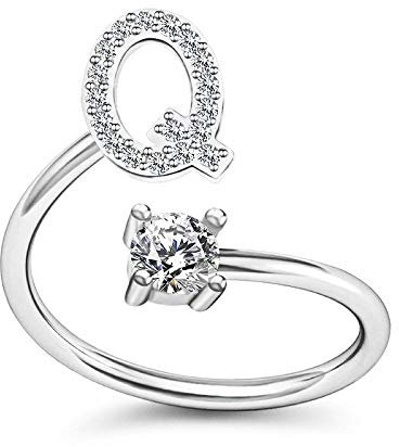 Bungsa Q Ring Buchstabe - BUCHSTABEN RING silber mit Kristallen - biegbarer Fingerring/Zehenring Toering für Damen, Kinder & Herren