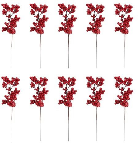 WINOMO 10Pcs Christmas Red Berries Artificial Berry Stems Artificial Fruit Berry Holly Flower Branch for Home Holiday Wedding Party DIY Christmas Tree Crafts Decorations