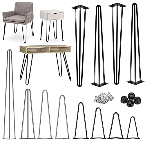 4Pcs Heavy Duty Hairpin Table Legs 10 inch DIY Furniture Metal Table Legs 2 Rod with Screws and Protector Feet for Cabinet Wardrobe TV Standard Desk Nightstand Seat Bench Dining Table Black/25cm