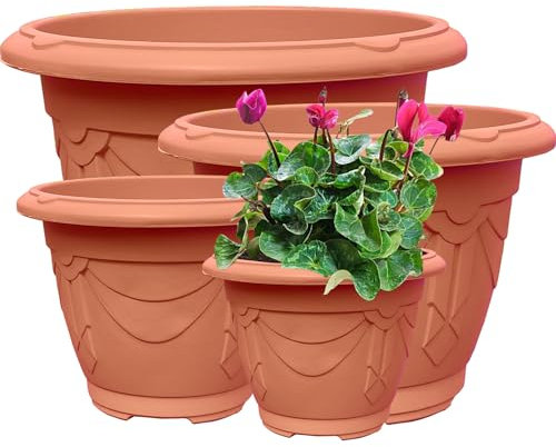 VR7 Plastic Planters Flower Pots with Drainage Holes for Indoor/Outdoor Use 33cm - Set of 2 Modern Decorative Planters Clay