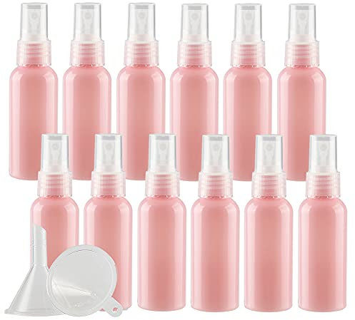 ZEOABSY 12 Piezas 50ml Botella de Spray Vacía Plástico Rosa Atomizador de Viaje Conjunto de Botellas, con Pulverizador de Niebla Fina Transparente para Aromaterapiacon 2 Embudos