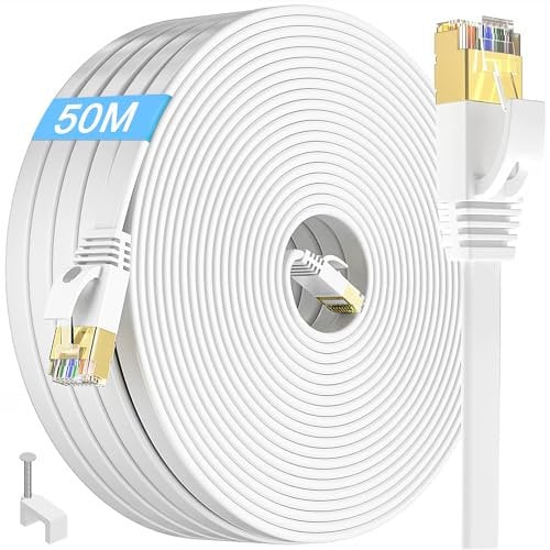 Ethernet Cable 50m Cat 7, High Speed Flat Internet Cable Extra Long 50 Meters White LAN Cable Gigabit Rj45 Patch Cable FTP Shielded Network Cable 160ft for Router Modem