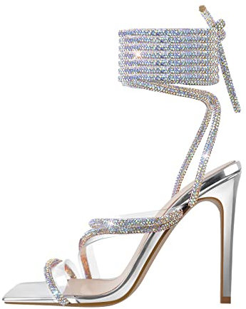 Only maker Women's Sandals with Sparkling Ankle Straps Sexy Boho Style Strapy Sandals High Heels Summer Shoes Silver EU 38