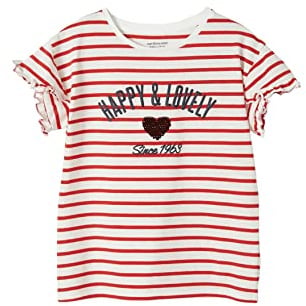 Vertbaudet Mädchen T-Shirt mit Pailletten-Applikation rot gestreift/Happy&Lovely Herz 140