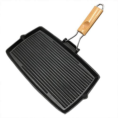 TSTSM Griddle Pan Grill with Folding Handle, Cast Iron Rectangular, with Double Boilers,for Steak or BBQ,Black