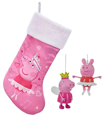 Kurt Adler Peppa Wutz Weihnachtsschmuck und Strumpf, 3er-Set – 2 Peppa Ballerina Prinzessin Weihnachtsbaumschmuck & Strumpf – Offizielles Lizenzprodukt – Geschenk für Kinder