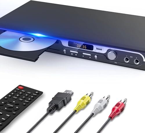 Maite Lettore DVD HD 1080P per TV, HDMI con doppio ingresso per microfono, region free, supporto ingresso scheda USB/SD, uscita HDMI/AV, pulsante in metallo e suono Dolby