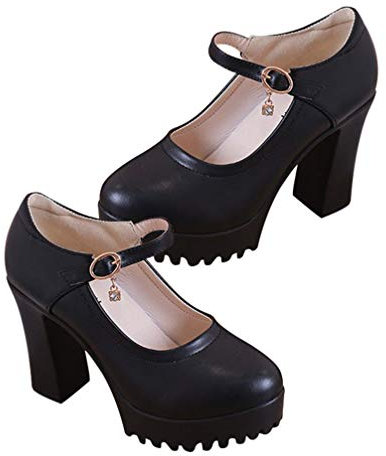 Happyyami Black Dress 1 Pair Mary Paltform High Heel For Women Leather Dress Pumps Block Paltform Wedding Shoes Summer Shoes Round Head Lady Footwear Shallow- Mouthed High Heels Black Heels