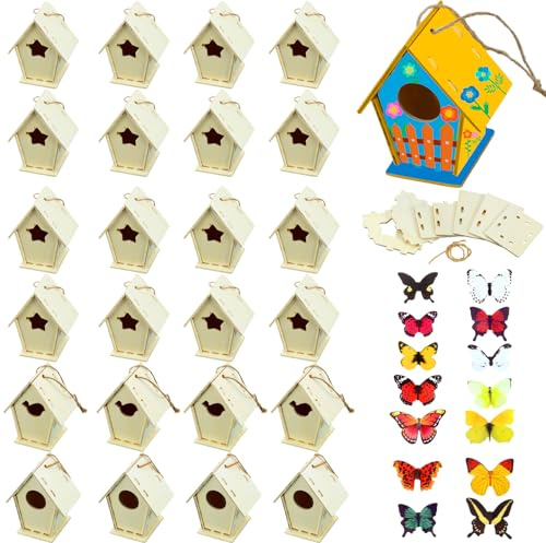 Outus 24 Pcs Wooden DIY Birdhouse Kits for Kids to Build, 4 Shapes Birdhouse Kit Wooden Unfinished with Butterfly Sticker for Boy Girl Arts Crafts(Vintage)