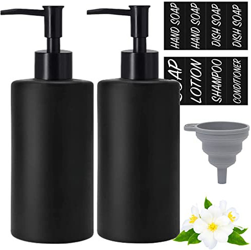 Matt-Schwarz Glas Seifenspender, 350ml Pumpspender, Spülmittel Flasche mit 8 Etiketten, 2 Untersetzer, 1 Silikon-Trichter, Soap Dispenser für Bad Dusche Arbeitsplatte Küche Waschküche, Rund