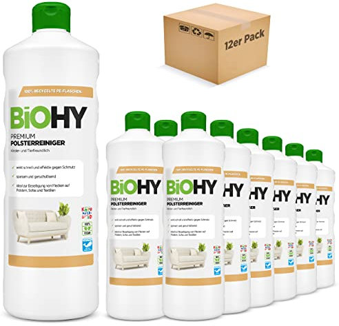 BiOHY Premium Polsterreiniger (12 x 1 Liter) | Bio Konzentrat für Polstermöbel, Sofas, Teppiche & Textilien | für Nasssauger & andere Geräte geeignet | geruchslösender Fleckentferner