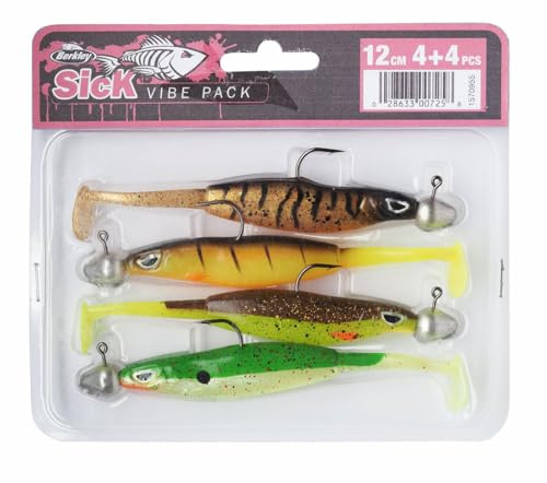 Berkley Sick Vibe Softlure-Pack – ein 4er-Pack supereffektiver Gummifische in bewährten und erprobten Farben, vormontiert auf Wismut-Jigköpfen, fertig zum Fischen, ausgewählt von Berkley-Experten