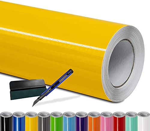 Folindo Autofolie Gelb Glanz (10€/m²) - 300 x 152 cm - Selbstklebende Auto Lackschutzfolie mit Luftkanal Technik – Blasenfreie Auto Folierung inkl. Rakel & Cutter – Car Wrapping Folie