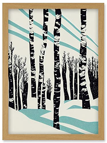 Wee Blue Coo Modern Birch Tree Forest in Winter Modern Stencil Design Monochrome and Teal Artwork Framed Wall Art Print A4