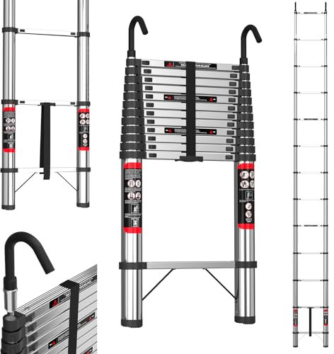 Scala telescopica da 5 m, con gancio, in acciaio inox, pieghevole, antiscivolo, design telescopico, in acciaio inox di alta qualità, portatile, leggera, portata 150 kg