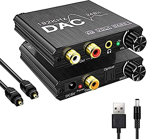Hopbucan 192Khz Digital zu Analog Audio Konverter mit Bass- und Lautstärke Anpassung,Digital Spdif/Optisch/Koaxial zu Analog Stereo