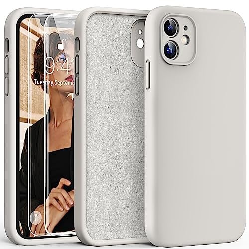 HATOSHI 3-in-1 iPhone 11 Hülle mit 2 Stück Schutzglas, Flüssig Silikon Anti-Rutsch Kratzfestes Stoßfest Handyhülle iPhone 11 Schutzhüll, Steingrau